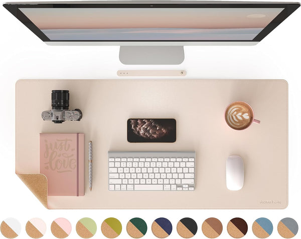 RENMTURE Dual-Sided Desk Pad, Large Natural Cork & PU Leather Mouse Mats for Office and Home Work, Easy Clean