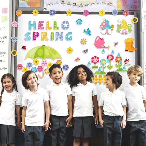 Konsait Spring Bulletin Board Decorations, 68Pcs Set, Big Umbrella Flowers, Waterdrop Cutouts for Classroom