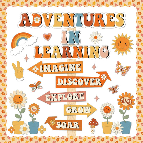 party greeting Groovy Retro Bulletin Board Decorations, Adventures in Reading Retro Hippie Daisy Paper Cutouts