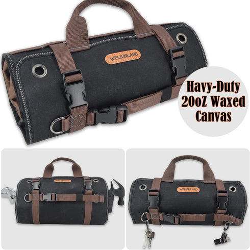 15-Pockets 15L WELKINLAND Heavy-Duty Waxed Canvas Tool roll, Tool Wrap Roll, Tool Up Roll Bags, Tool Bag Roll, Tool