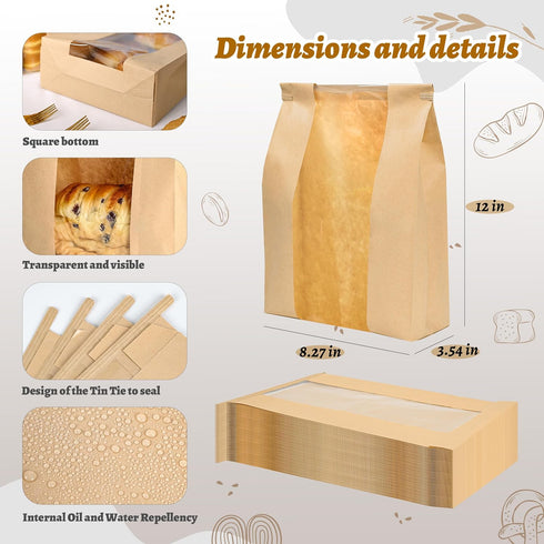 100 Pack Favors(8.27x13.6x3.54In) NPLUX Sourdough Bread Bags for Homemade Bread with Tin Tie Tab Lock Bakery Bags