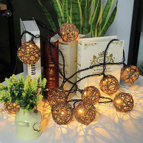 10 Bulbs 9.84FT Vigdur Rattan Ball String Lights, Boho Lantern String Lights with Led Connectable, Indoor Outdoor