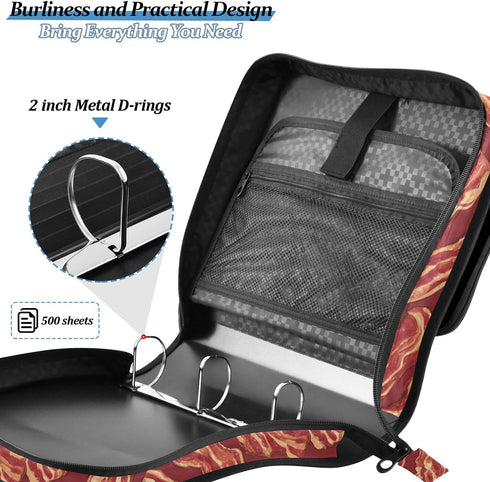 Fisyme 3 Fried Bacon Cartoon Zipper Binder Ring with Zipper and Shoulder Strap Large Capacity Multi-Pocket Binder