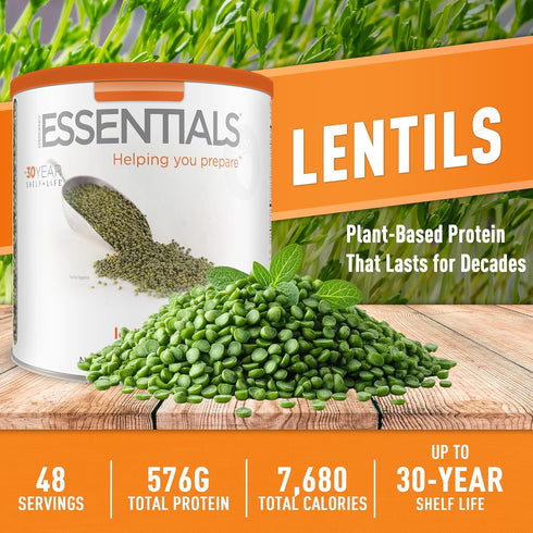 48 30-Year Emergency Essentials Lentils, Long-Term Emergency Food Supply, Servings, Shelf Life, High-Protein Vegetarian