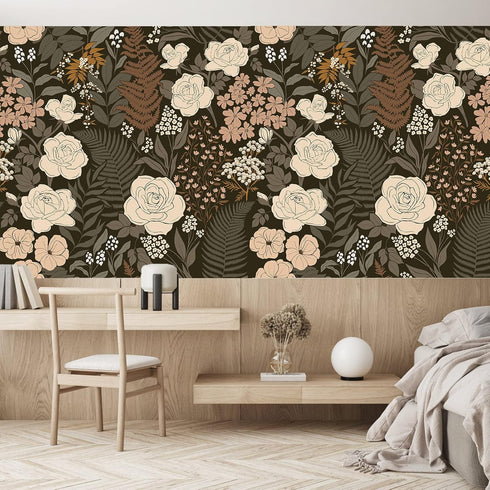 HAOKHOME 93276 Peel and Stick Wallpaper Floral Vintage Removable Rose Leaf Black/Brown/Beige Stick on Mural 17.7in x 6.6ft by HAOKHOME