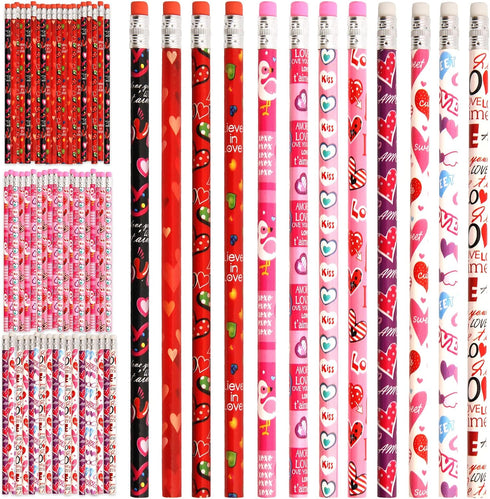 Valentine's Day Pencils for Kids, 60 Pcs Red Heart Pencils with Erasers for Goodie Bags and Rewards