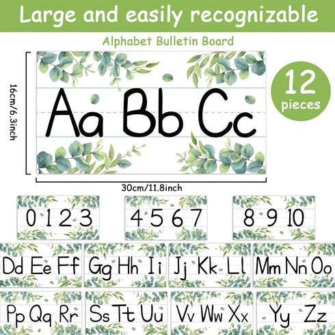 gisgfim 12 Pieces Alphabet Bulletin Board Strips Set Greenery Alphabet Line ABC Alphabet Banner & Number Border Posters for Preschool Kindergarten Classroom Bedroom Playroom (Eucalyptus) by gisgfim