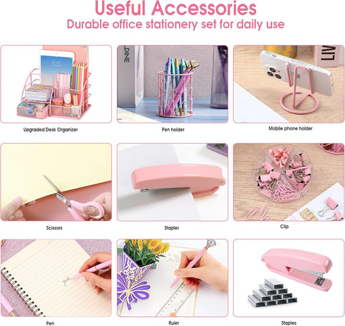 Pink Office Supplies Set with Desk Organizers and Accessories: Stapler, Pen Holder, Phone Holder, Scissors, Ruler, 30