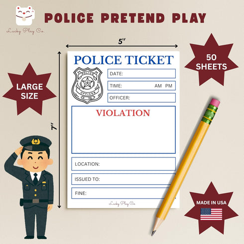 Lucky Play Co. 5x7 50 Police Officer Play Notepad for Kids Pretend Police Law Enforcement Ticket Imaginative Role-Play