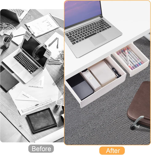 YOOUSOO 2 Pack Under Desk Storage Drawer, Hidden Self-Adhesive Organizer, Slide-out White Drawer for
