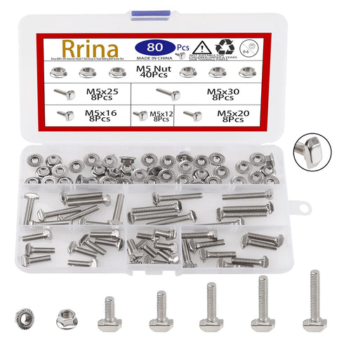 80Pcs Hammer Head T-Slot Drop-in Stud Sliding Bolt Screw Nut Assortment Kit for European Standard Aluminum Profile
