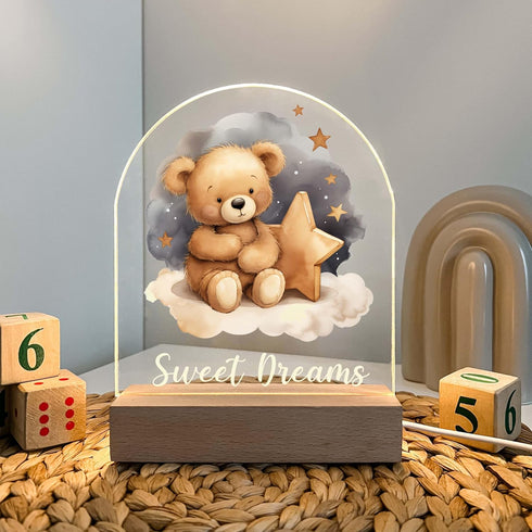 Teddy Bear Frame Night Light Up Table Wood Base LED Desk Stand Plaque Nursery Decor Sweet Dreams Night Light Kids Baby