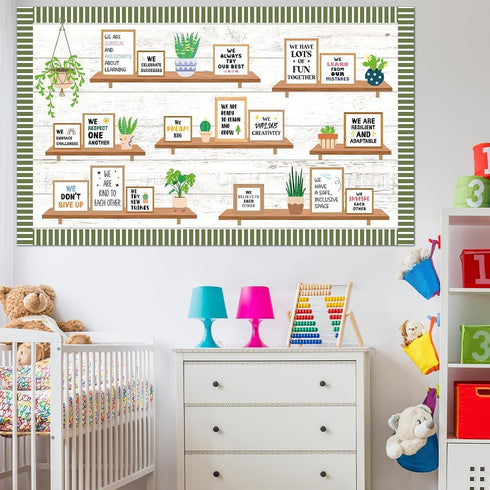 Set Motivational Bookshelf Bulletin Board Greenery Back to School Classroom Decoration Potted Plant Eucalyptus Paper