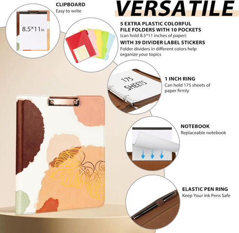 Ospelelf Leather Portfolio Folder | 3 Ring Binder with Storage Clipboard | Fits Letter Size Paper | Faux Abstract