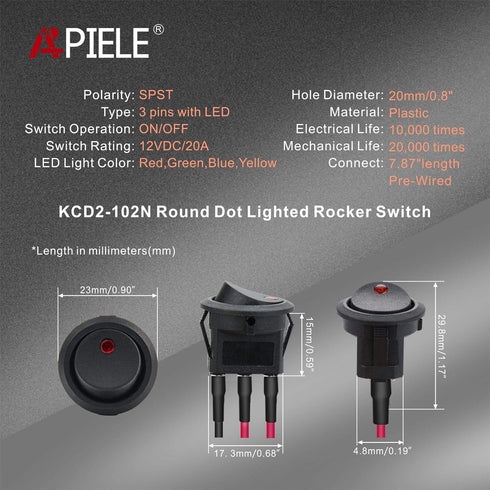 APIELE Rocker Toggle Switch - 20 CM Pre-Wired DC 12V 20A ON-Off with Dot Light, 10Pcs KCD2-102N-Wired, Red