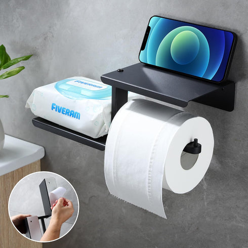 AIDILI 304 Adhesive Toilet Paper Holder with Double Shelf, No Drilling Wall Mount Toilet Tissue Roll Holder, Rustproof