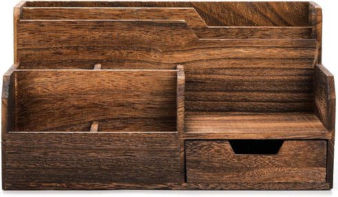 Brown Wooden Mail Organizer with 7 Compartments and Drawer, Rustic Desk Organizer with Pen Holder, Tabletop Mail Basket