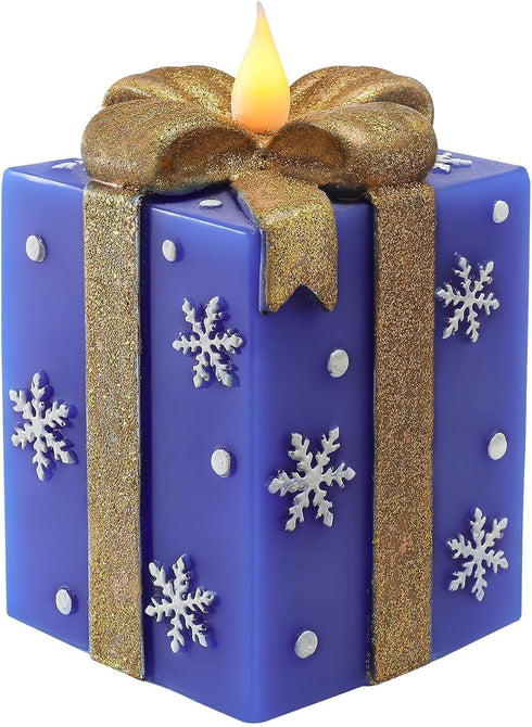 LCZLUMIPRO Christmas Flameless Gift Box Candle Hand-Painted Real Wax LED Candle with Remote Timer Battery Operated Blue