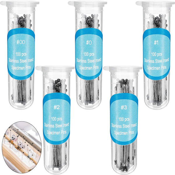 Willbond 500 Pcs Stainless Steel Insect Pins Kit - 5 Sizes for Specimen Entomology Butterfly Collection