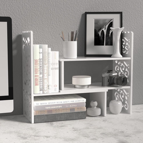 MASAKA B&W Desktop Organizers with Shelves, Adjustable WPC Display Shelf for Office Desk, Makeup Shelf, White