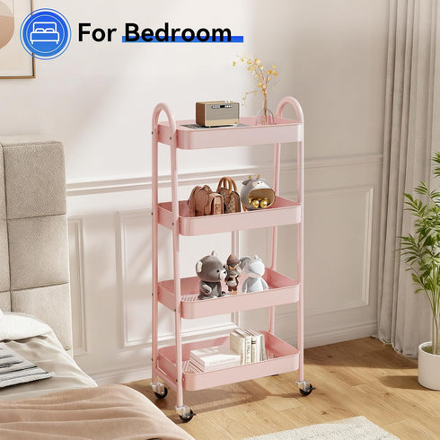 4-Shelf NEWBULIG Rolling Storage Cart, Metal Mobile Utility Organizer Shelf with Lockable Wheels, Space-Saving