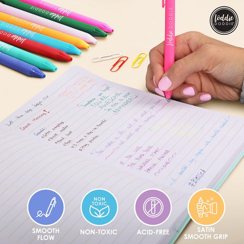 Loddie Doddie 18 Bright Color Retractable Gel Pens with Satin Barrel - Fine Point for Journals, Notebooks, Planners,