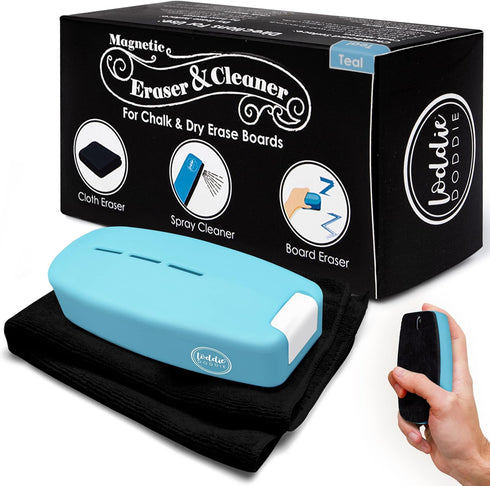 Loddie Doddie 2 in 1 Magnetic Dry Erase Eraser, White Board Cleaning Spray & Ergonomic Whiteboard Eraser (Teal)