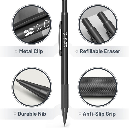 Mr. Pen Metal Mechanical Pencil Set with Lead and Eraser Refills, 5 Sizes, Black, Drawing Mechanical Pencils