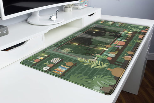 Cute Rainy Night Desk Mat, Green Plants Desk Pad, Anime Black Cat Kawaii Large Gaming Mouse Pad, Aesthetic XXL for Women