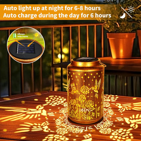Hummingbird 2 Pack Brizled Solar Lantern Lights, LED Hollow Out Hanging Lantern Lights Outdoor, Warm White Solar Garden