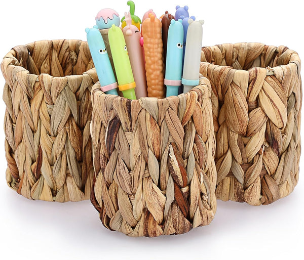 BTSKY 3 Pack Water Hyacinth Pencil Holder, Handmade Wicker Pen Cup for Makeup Brushes and Office Accessories