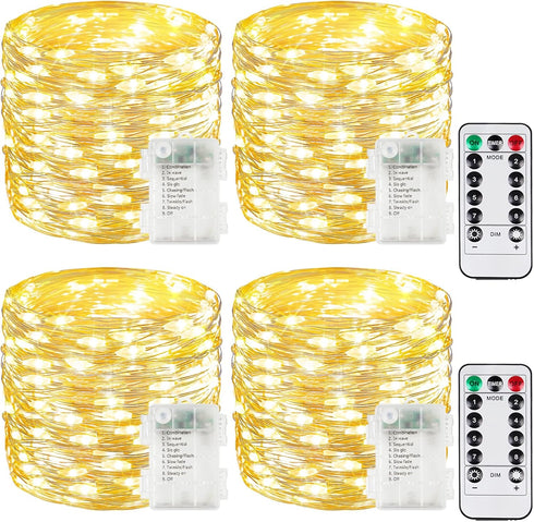 4 Pack Christmas Fairy Lights Battery Operated with Remote, Each 33FT 100LED