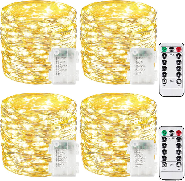 4 Pack Christmas Fairy Lights Battery Operated with Remote, Each 33FT 100LED