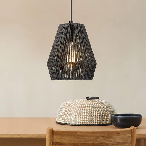 7" Woven Pendant Light Fixtures, ELYONA Farmhouse Coastal Hanging Lamp with Matte Black Handwoven Rattan Basket Shade