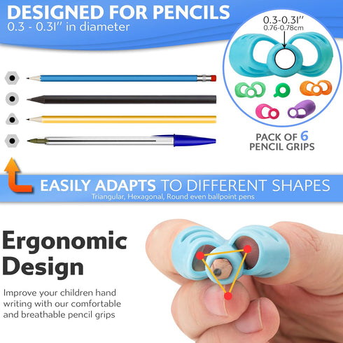 6 Pack 2-5, Stylo Pencil Grips for Kids Handwriting - Ergonomic Pencil Grippers for Toddlers Ages Preschool
