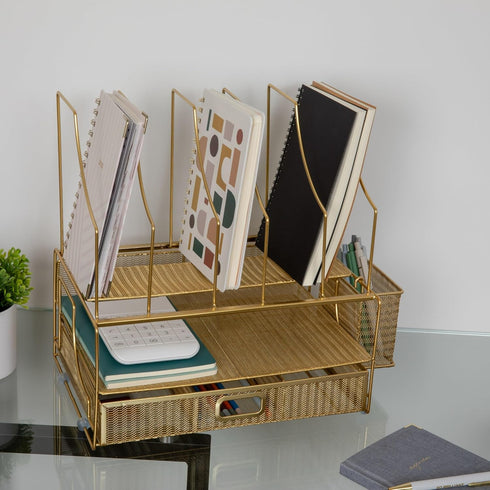 Martha Stewart Ryder Gold Mesh Metal Large Desktop Organizer - Paper File Letter Holder with Drawer