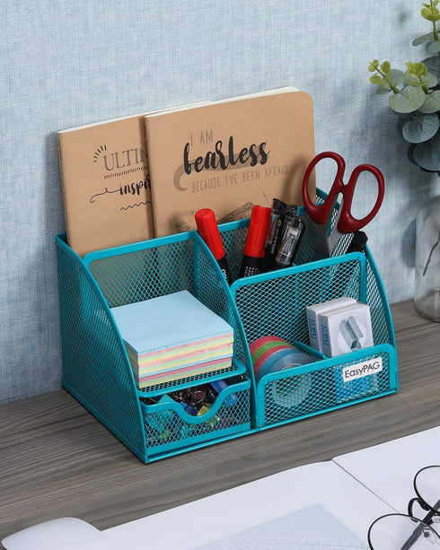 EasyPAG Desk Organizer, Blue - Mesh Desktop Caddy with 6 Compartments and 1 Drawer for Office, Home, School