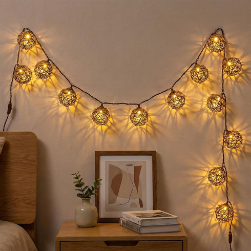 10 Bulbs 9.84FT Vigdur Rattan Ball String Lights, Boho Lantern String Lights with Led Connectable, Indoor Outdoor