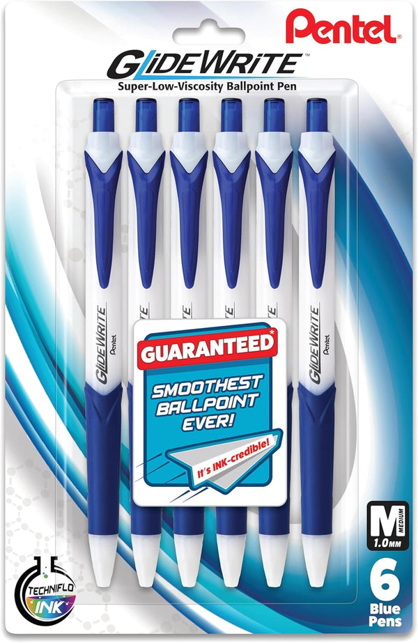 Pentel GlideWrite Ballpoint Pen with TechniFlo Ink, Medium Line (1.0mm) Blue Ink, Pack of 6 (BX910BP6C)
