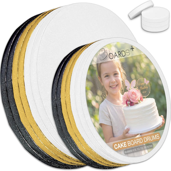 Sleek Cake Drums 10 & 12 Inch in White, Gold & Black