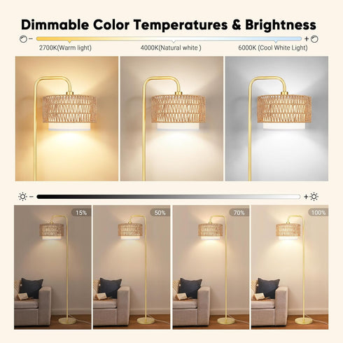 3 Dimmable Bulb, PARTPHONER Gold Floor Lamp for Living Room, Farmhouse Tall Lamp with Color Temperatures Remote & Boho