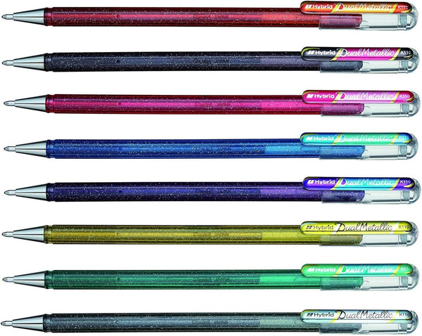 Pentel Hybrid Dual Metallic Liquid Gel Roller Pen YK110/8-M, Pack of 8 Pens in 16 Shimmering Metallic Colours