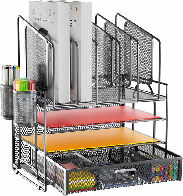 Marbrasse Desk Organizers, 4-Tier Mesh File Organizer with 5 Vertical File Holders and 2 Pen Holders