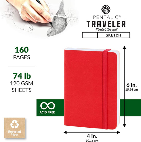 Pentalic Pocket Sketchbook Traveler Journal, 4" x 6", Red, 160 Pages