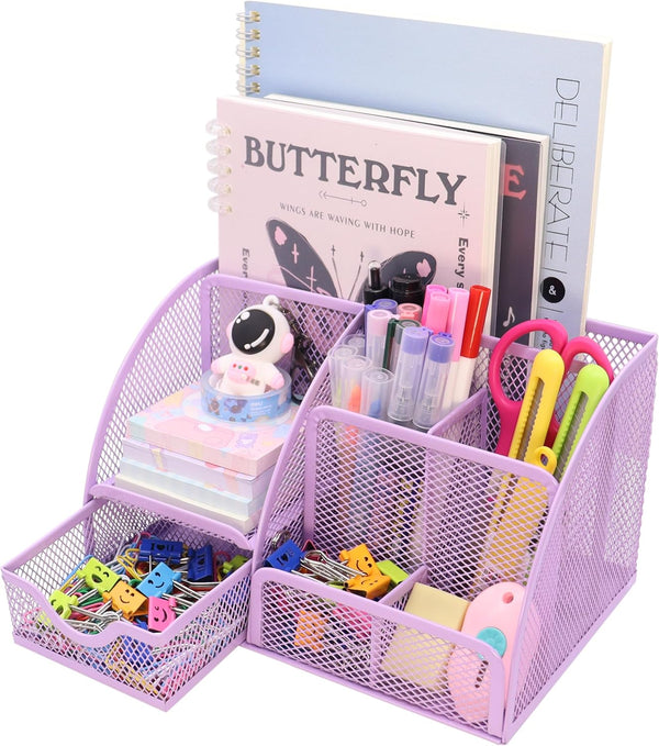 Mesh Desk Organizer with 6 Compartments and 1 Drawer, Multi-Functional Caddy for Home Office Decor