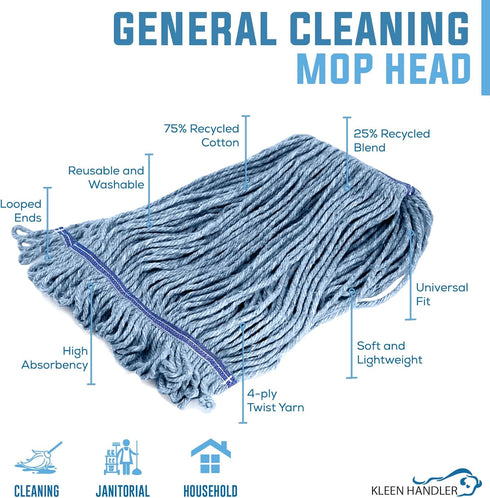 KLEEN HANDLER Heavy Duty Commercial Mop Replacement - Wet Industrial Blue Cotton Looped End String Head Refill (Pack of