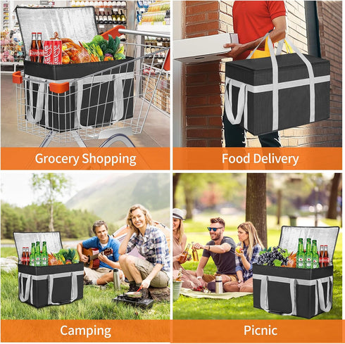 CIFMORE 2 Pack XXXL Insulated Food Delivery Bag with Removable Hard Bottom, Reusable Insulated Grocery Bag for Hot