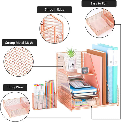 Rose Gold Desk Accessories Caddy with Sliding Drawer, Double Tray, File Organizer & Pen Holder for Office