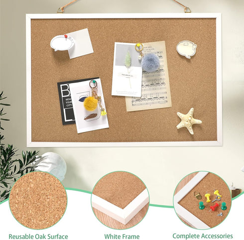 FEBSNOW Cork Board Bulletin Board 23 x 15.7 Inches with Rectangle White Frame for Office Message Board