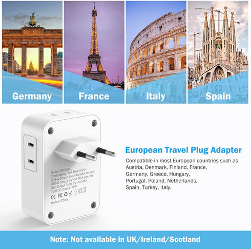 2 Pack European Travel Plug Adapter with USB C, US to Europe Power Adapters with 4 AC Outlets, 3 USB Charging Ports,